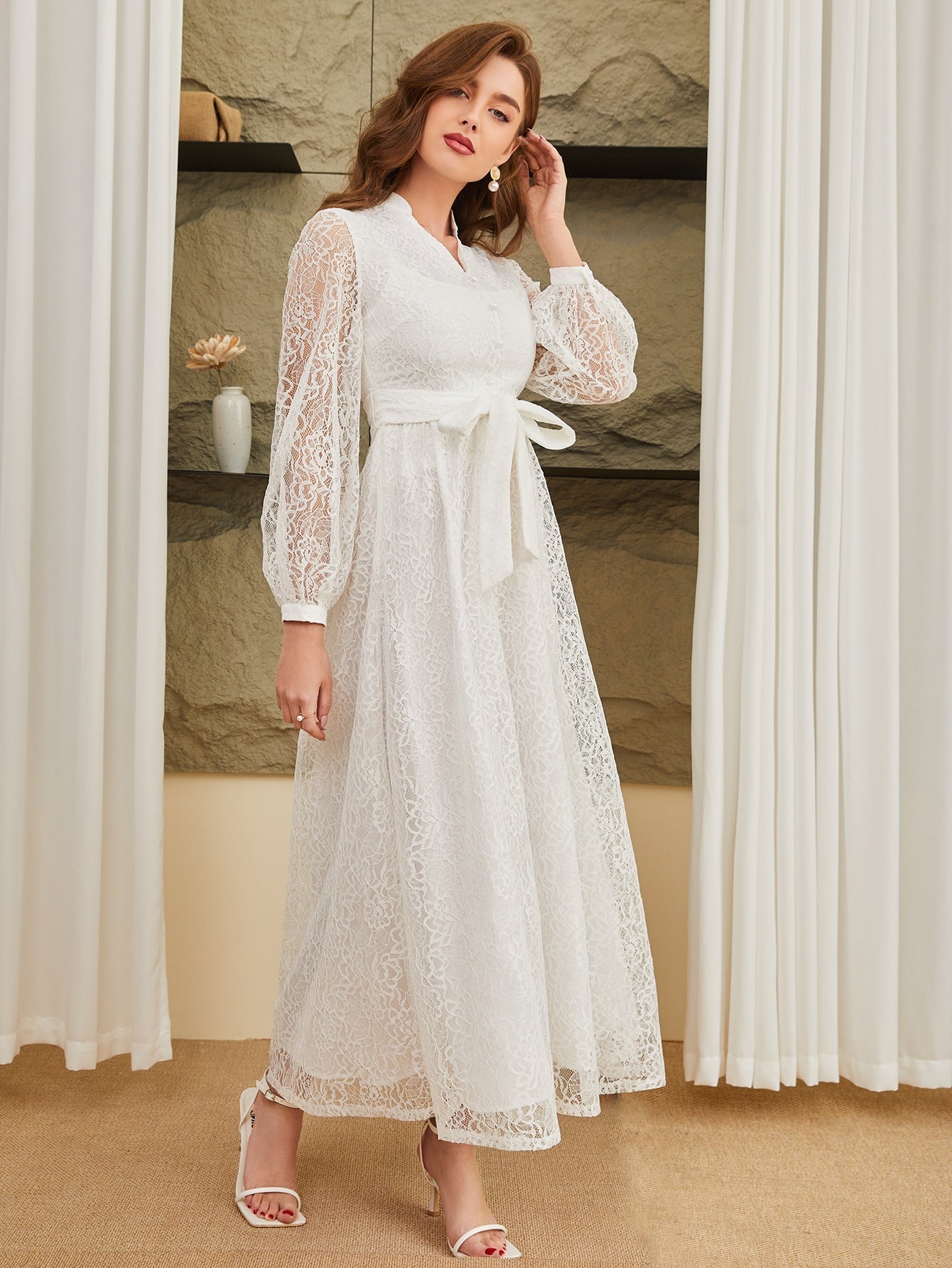 Buy SHEIN Modely Lantern Sleeve Belted Lace Dress in Pakistan