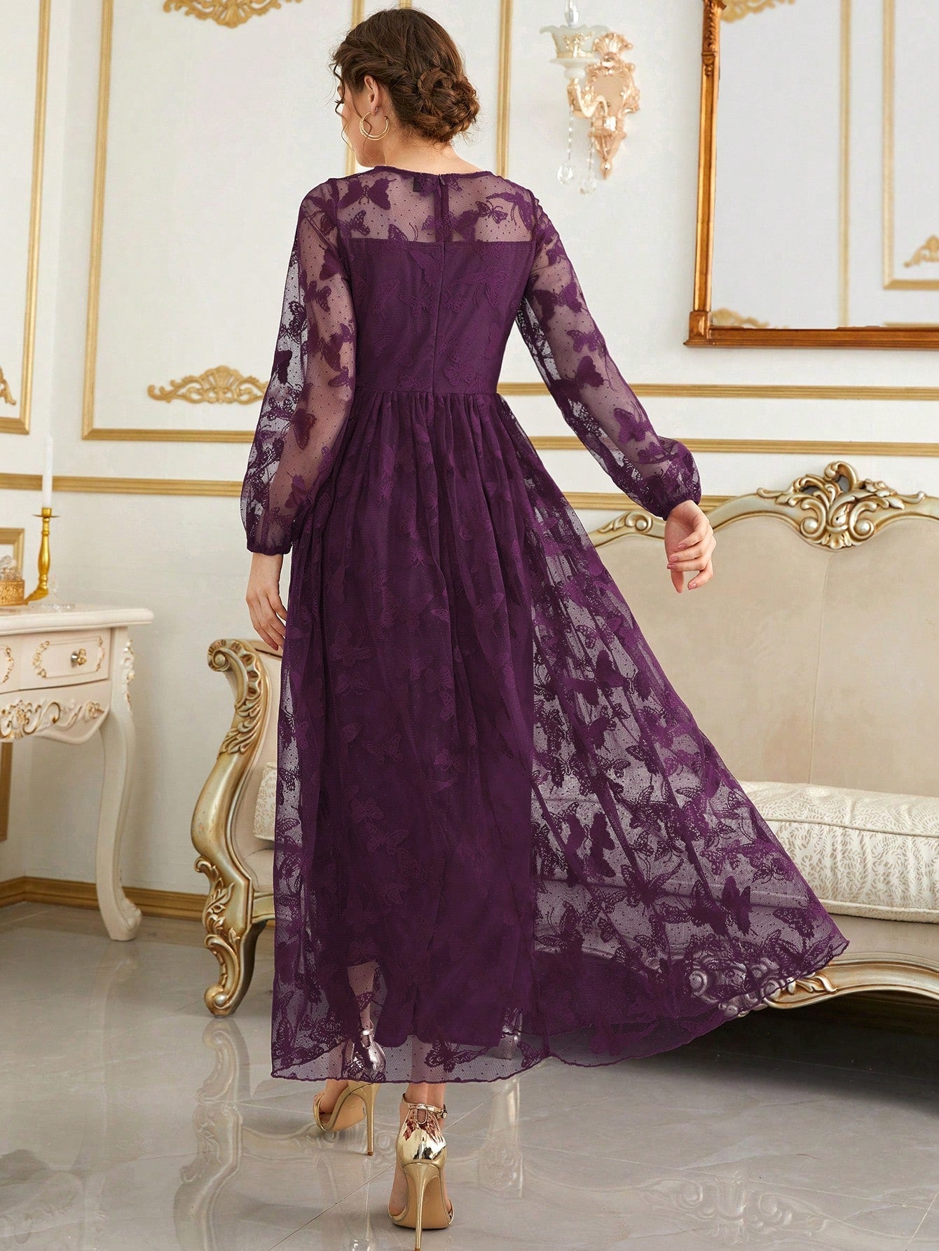 Buy SHEIN Modely Lantern Sleeve Embroidery Mesh Dress in Pakistan