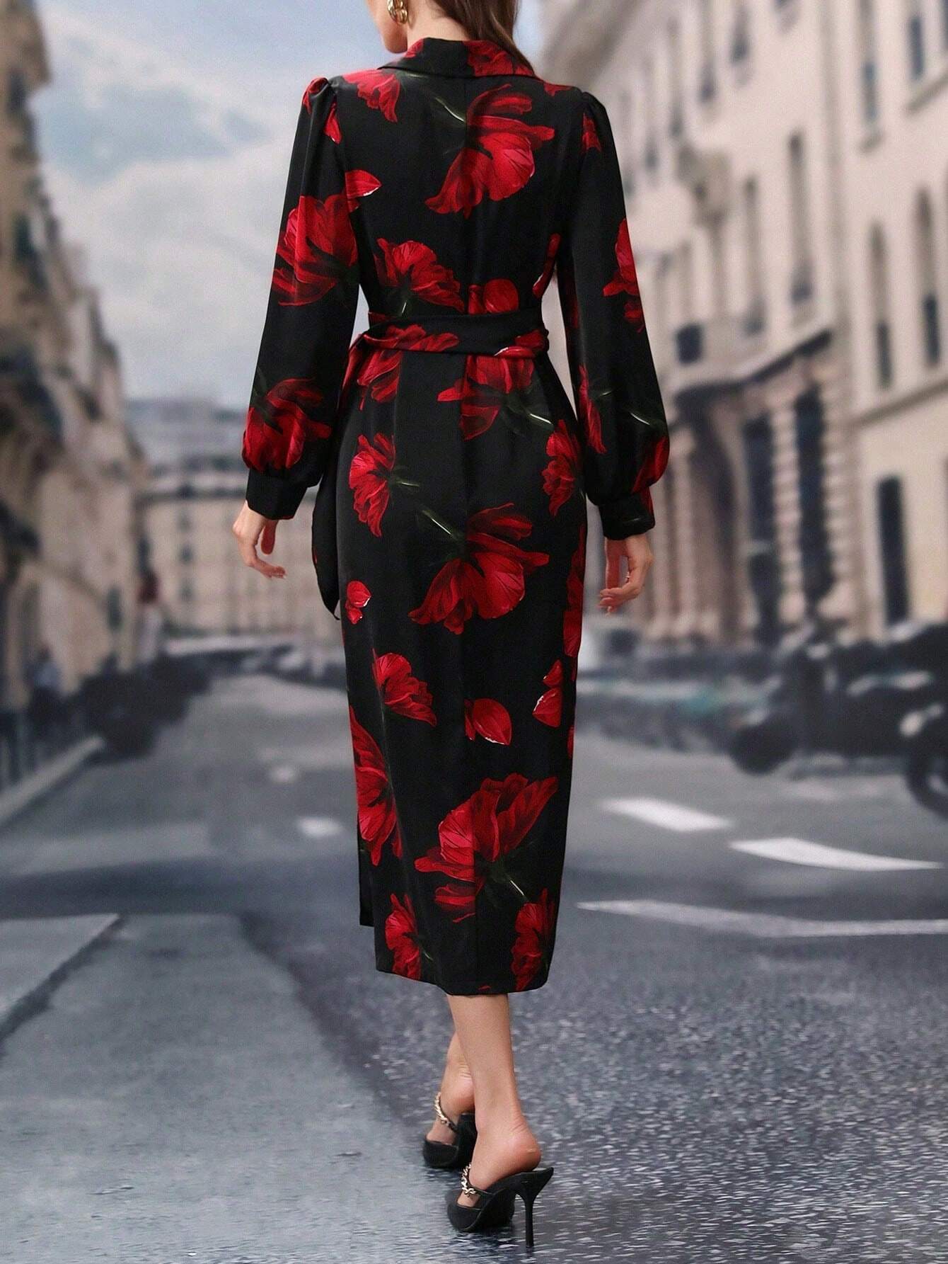 Buy SHEIN Modely Long Sleeve V-Neck Allover Floral Print Casual Dress in Pakistan