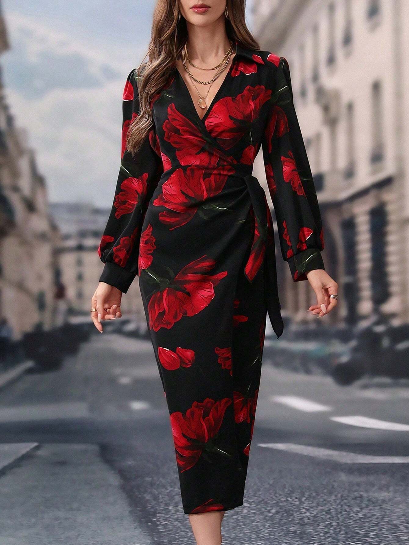 Buy SHEIN Modely Long Sleeve V-Neck Allover Floral Print Casual Dress in Pakistan