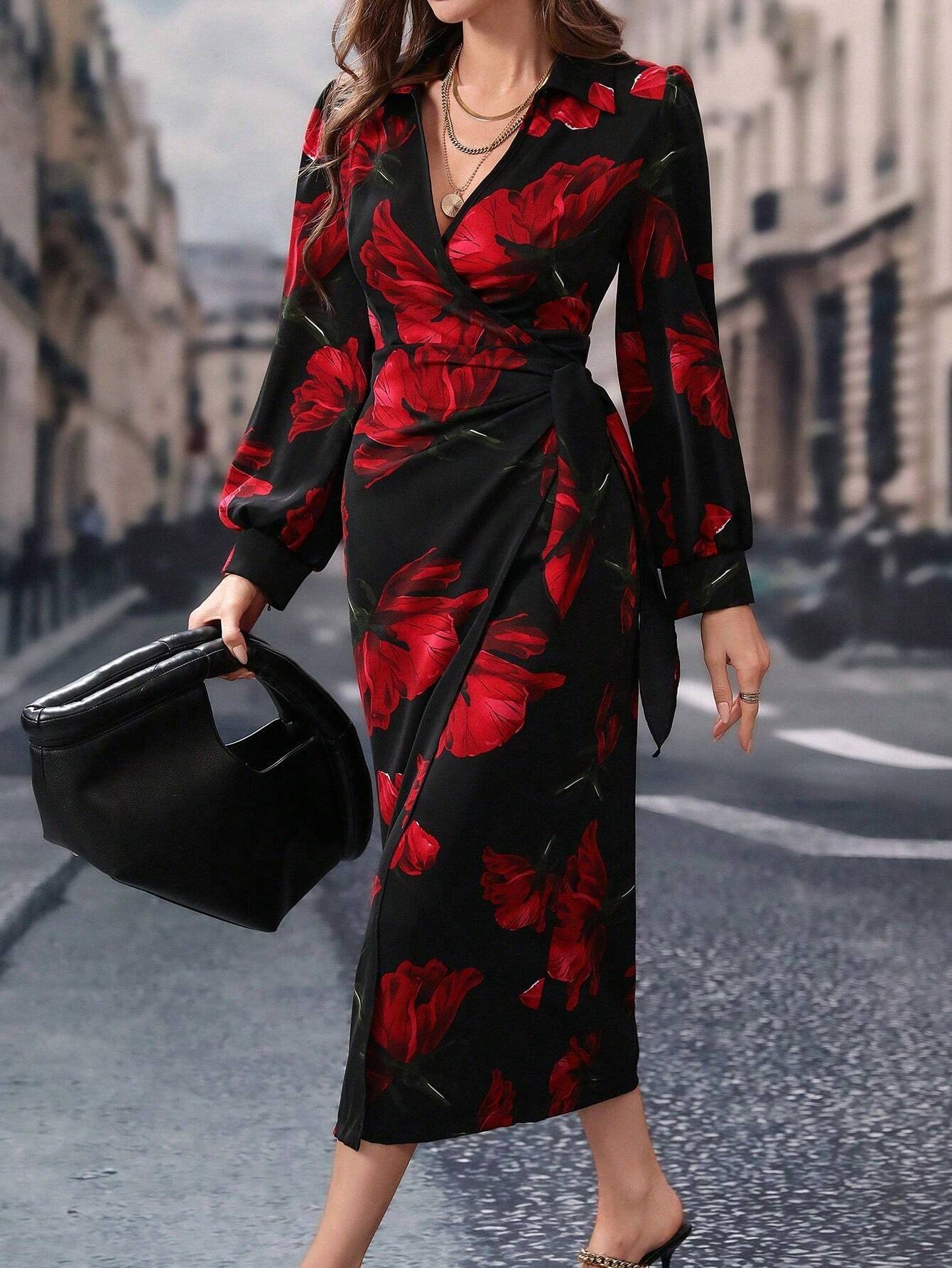 Buy SHEIN Modely Long Sleeve V-Neck Allover Floral Print Casual Dress in Pakistan