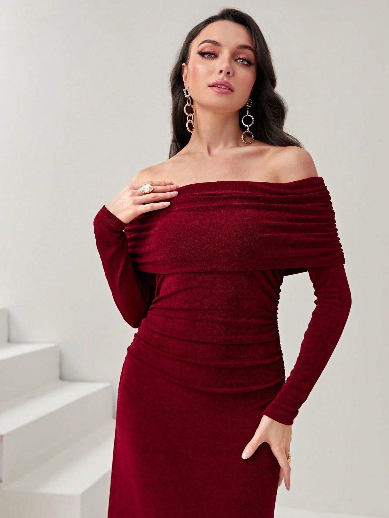 Buy SHEIN Modely Off Shoulder Ruched Side Split Thigh Dress in Pakistan