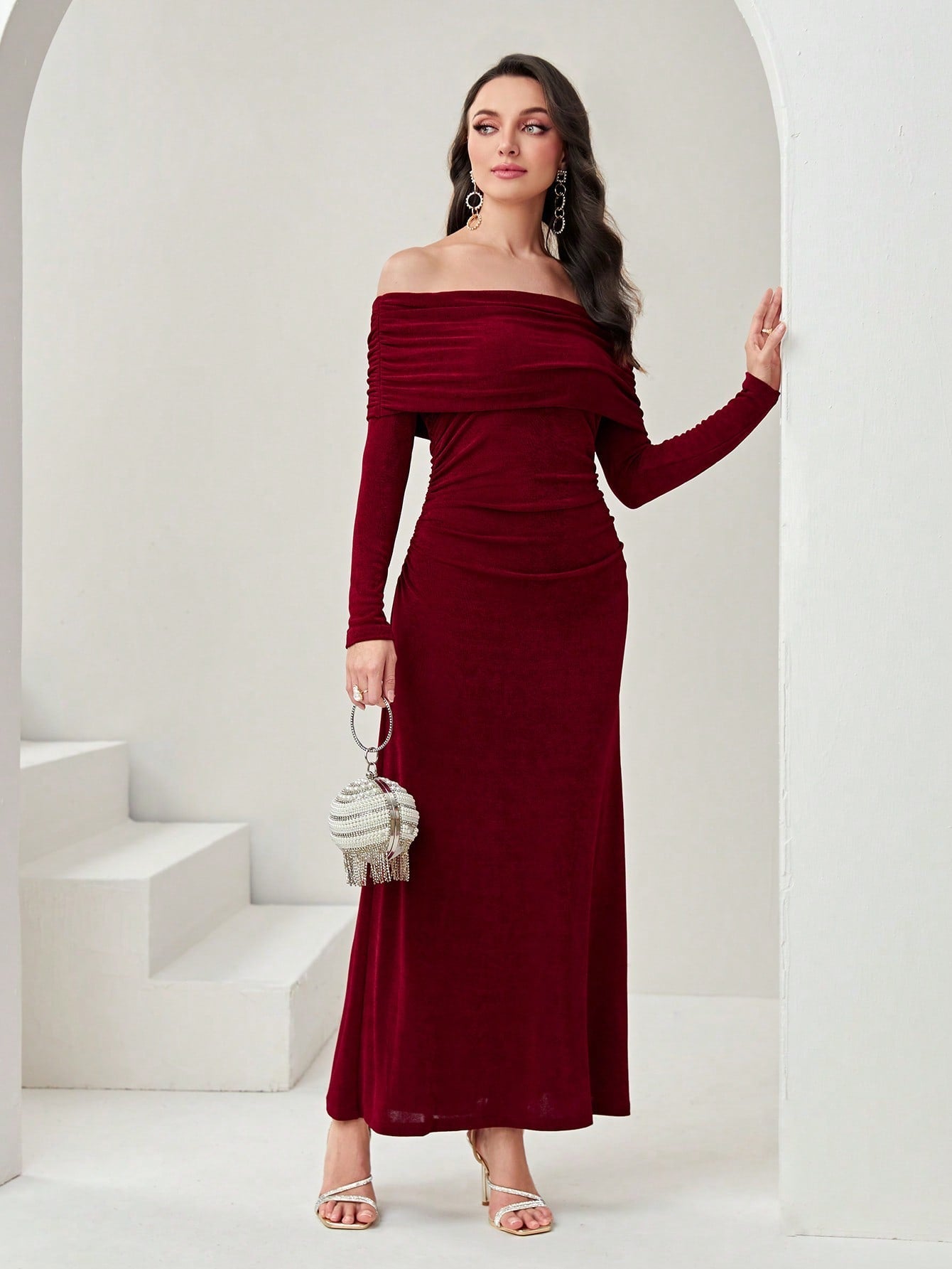 Buy SHEIN Modely Off Shoulder Ruched Side Split Thigh Dress in Pakistan