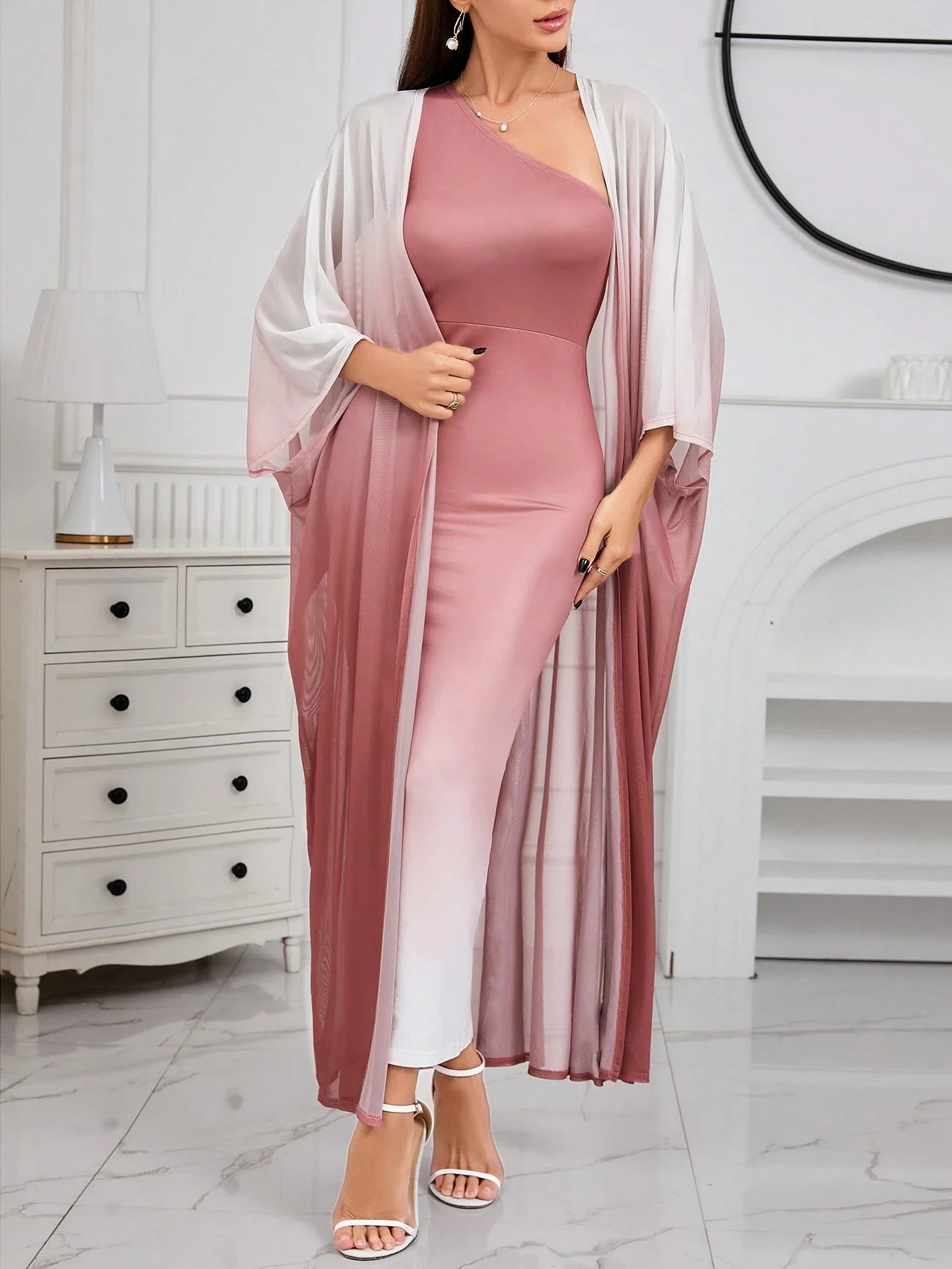 Buy SHEIN Modely Ombre Shoulder Sloping Dress With Coat Evening Dress in Pakistan