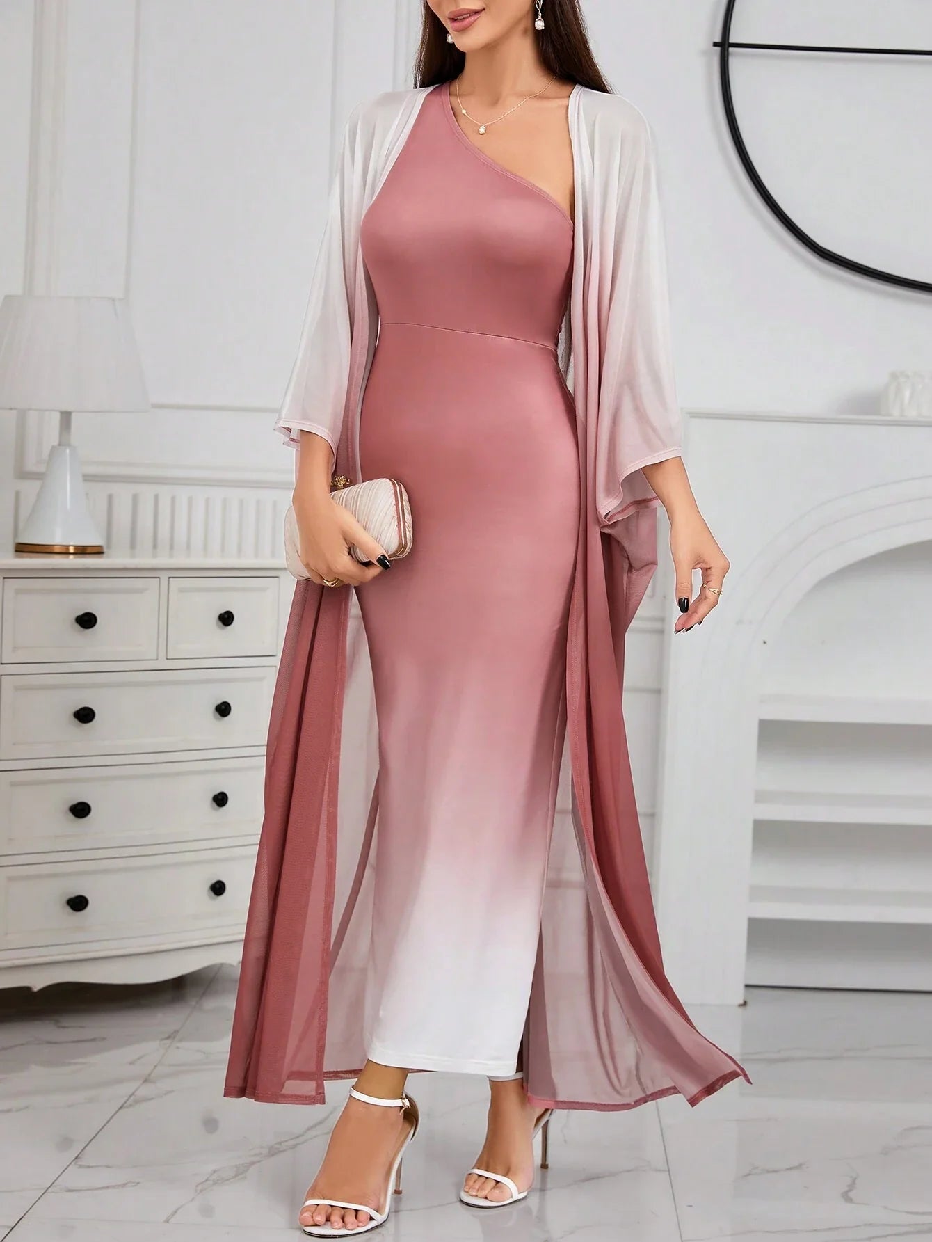 Buy SHEIN Modely Ombre Shoulder Sloping Dress With Coat Evening Dress in Pakistan