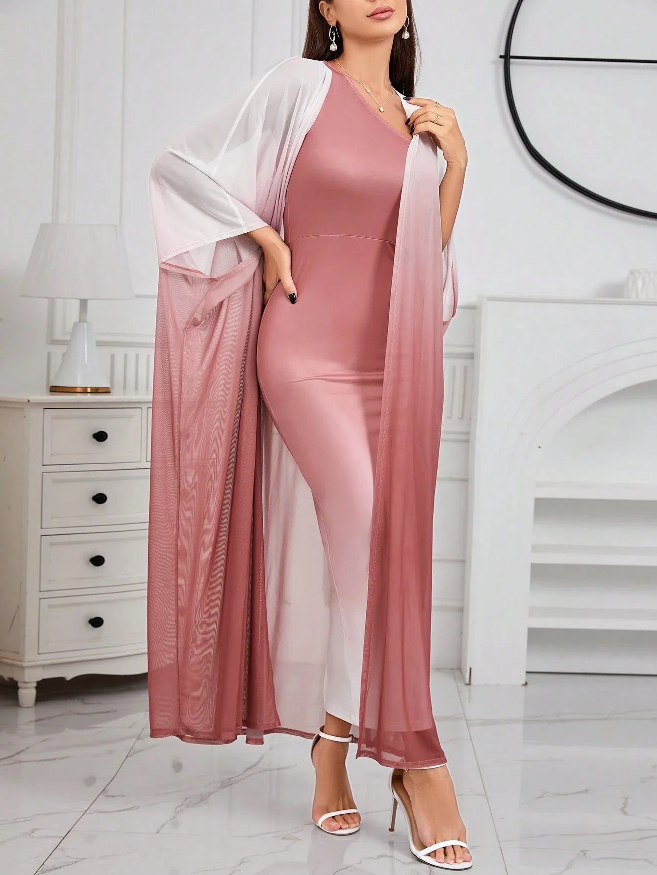 Buy SHEIN Modely Ombre Shoulder Sloping Dress With Coat Evening Dress in Pakistan