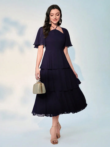 Buy SHEIN Modely Patchwork Mesh Detailing Waist Cinched Multi-Tiered Hem Dress in Pakistan