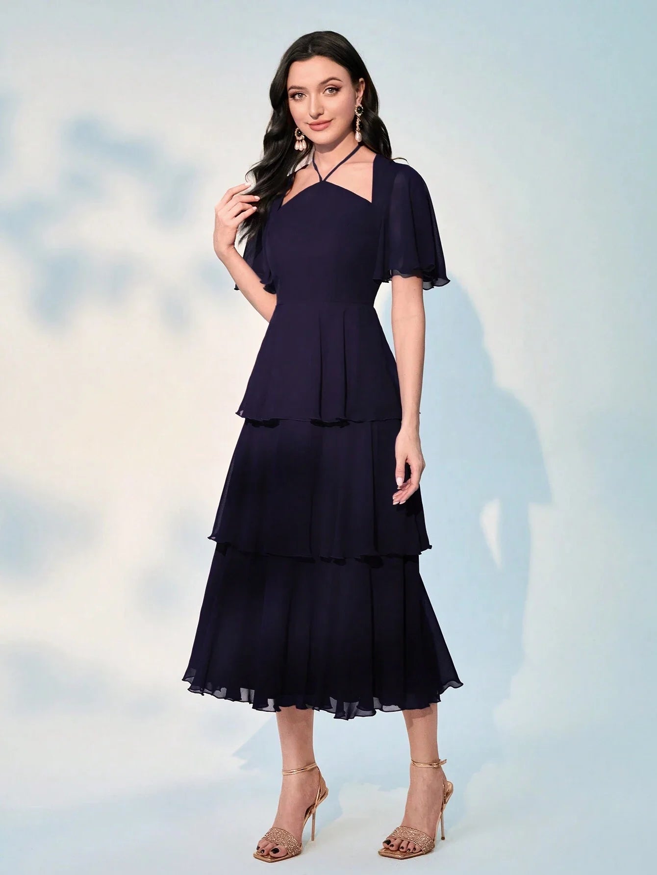 Buy SHEIN Modely Patchwork Mesh Detailing Waist Cinched Multi-Tiered Hem Dress in Pakistan