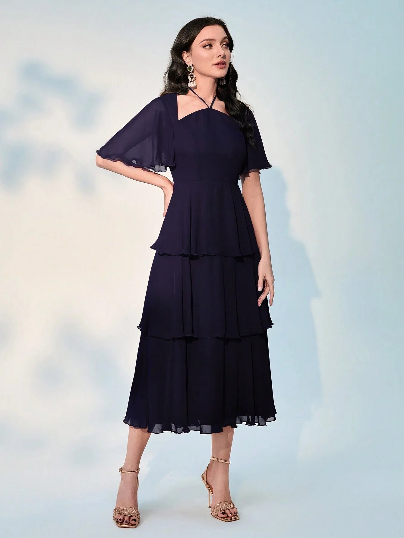 Buy SHEIN Modely Patchwork Mesh Detailing Waist Cinched Multi-Tiered Hem Dress in Pakistan