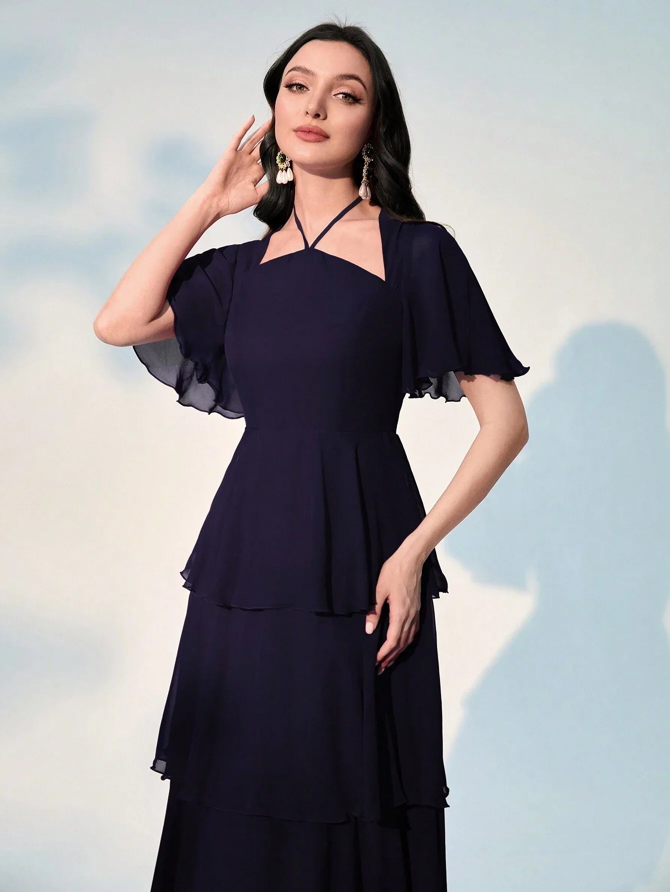 Buy SHEIN Modely Patchwork Mesh Detailing Waist Cinched Multi-Tiered Hem Dress in Pakistan