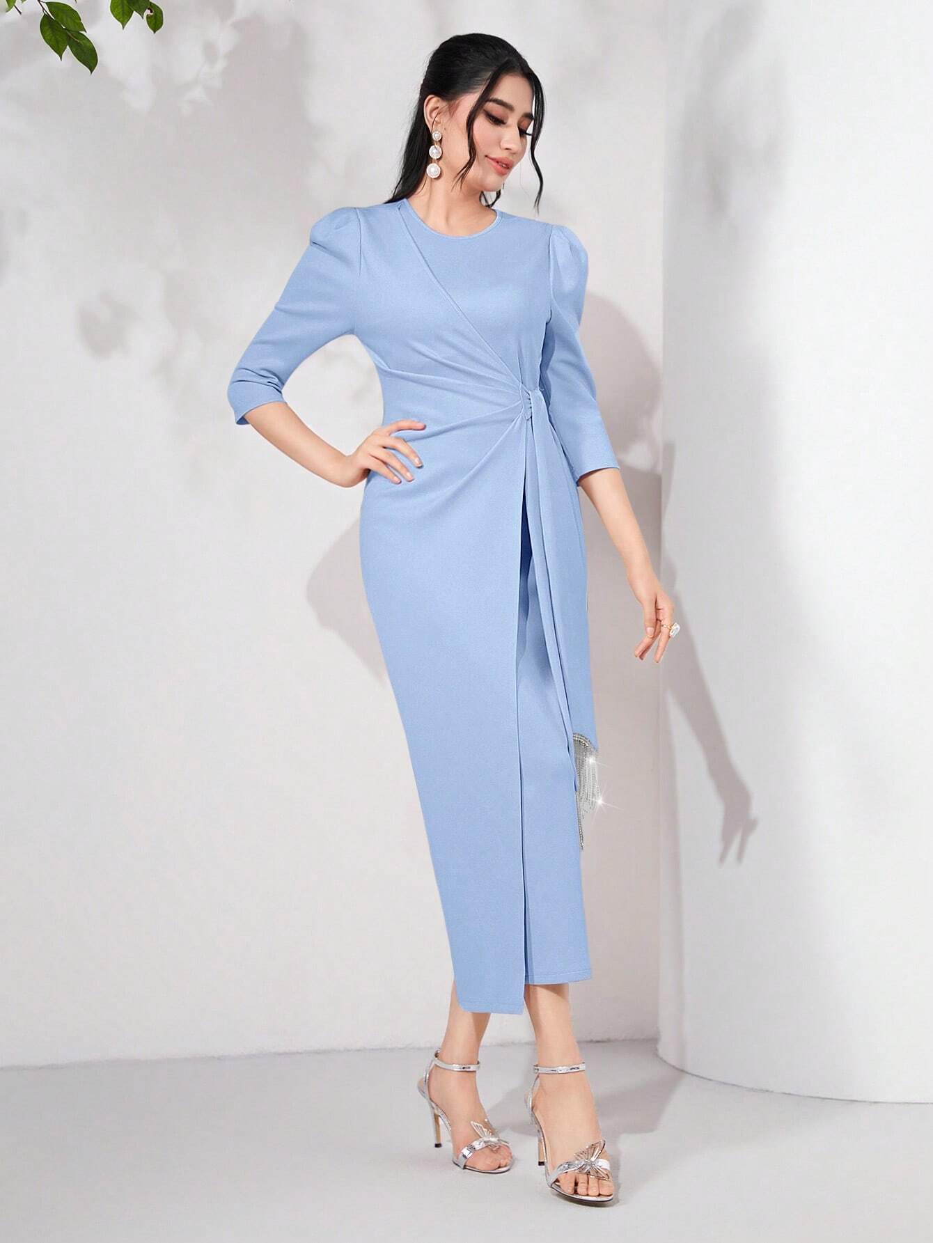 Buy SHEIN Modely Puff Sleeve Draped Side Wrap Hem Dress in Pakistan