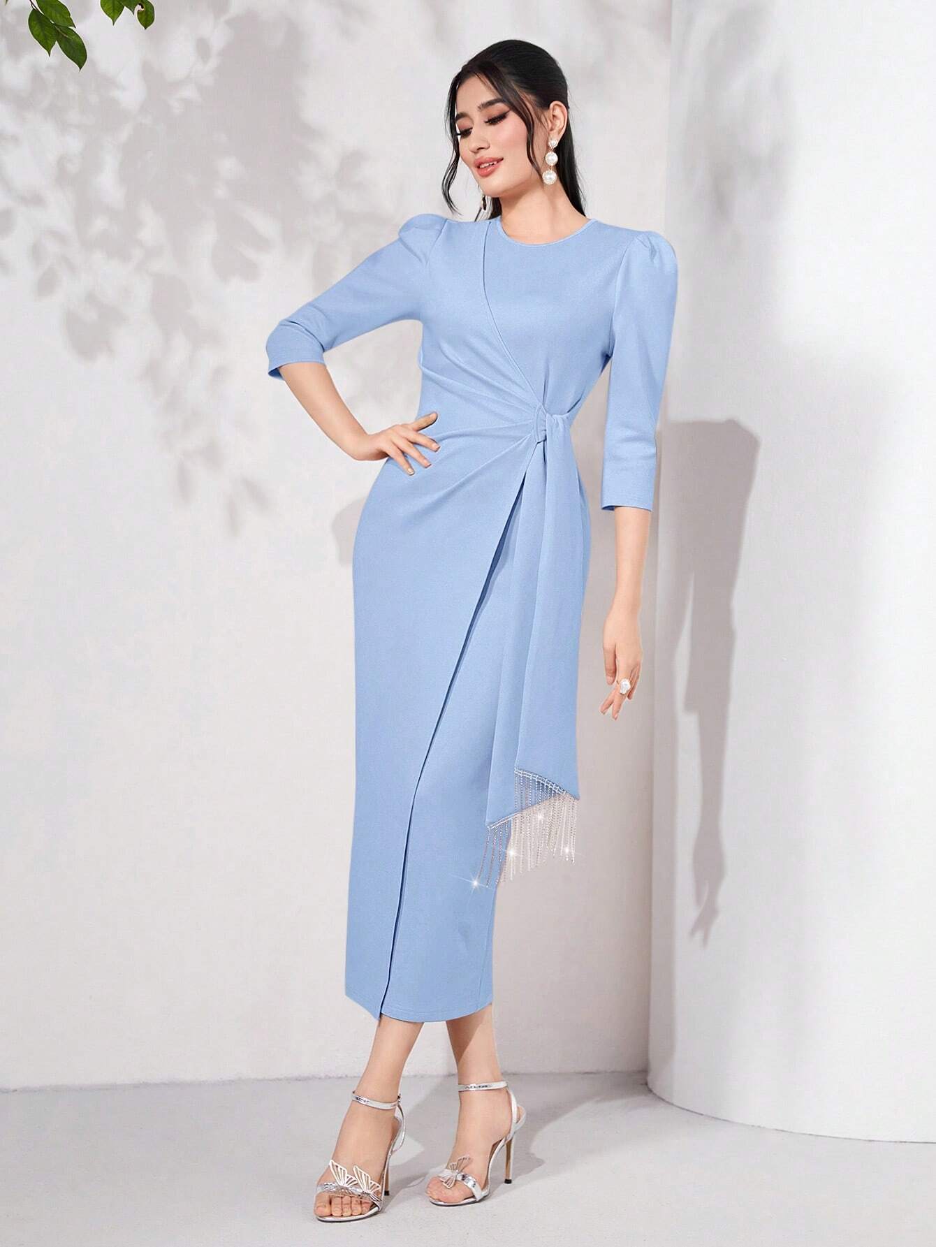 Buy SHEIN Modely Puff Sleeve Draped Side Wrap Hem Dress in Pakistan