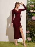 Buy SHEIN Modely Ruched Ruffle Trim Split Thigh Dress in Pakistan
