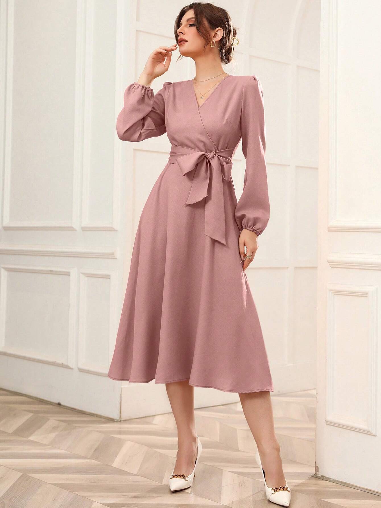 Buy SHEIN Modely Solid Belted Wrap Detail A-line Dress in Pakistan