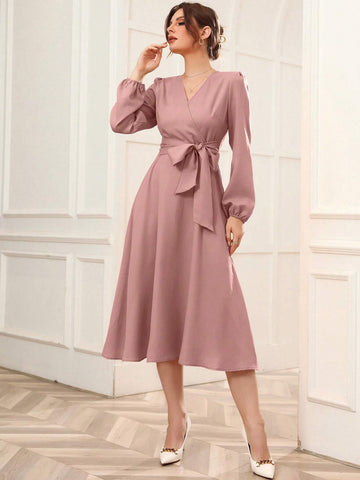 Buy SHEIN Modely Solid Belted Wrap Detail A-line Dress in Pakistan
