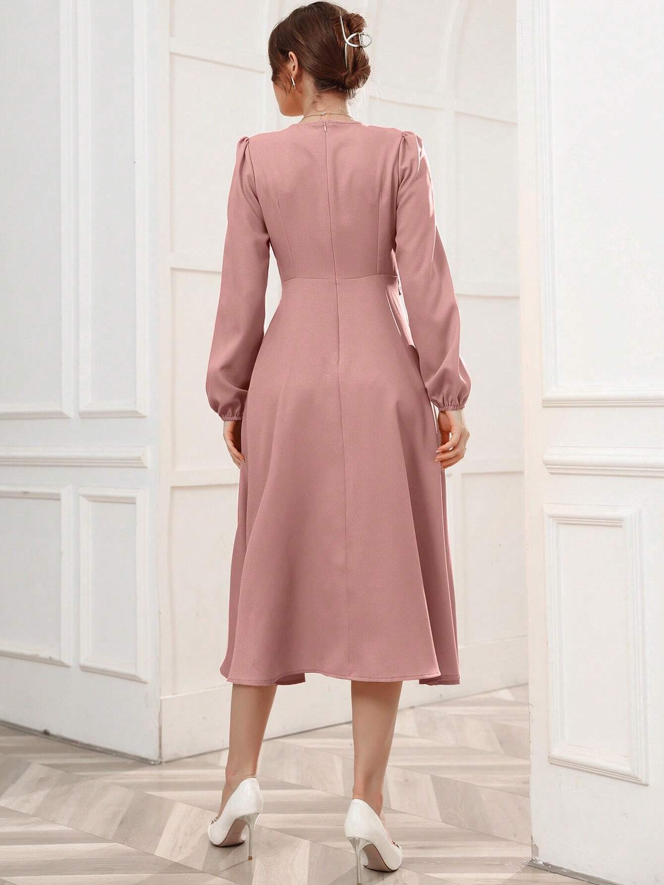 Buy SHEIN Modely Solid Belted Wrap Detail A-line Dress in Pakistan
