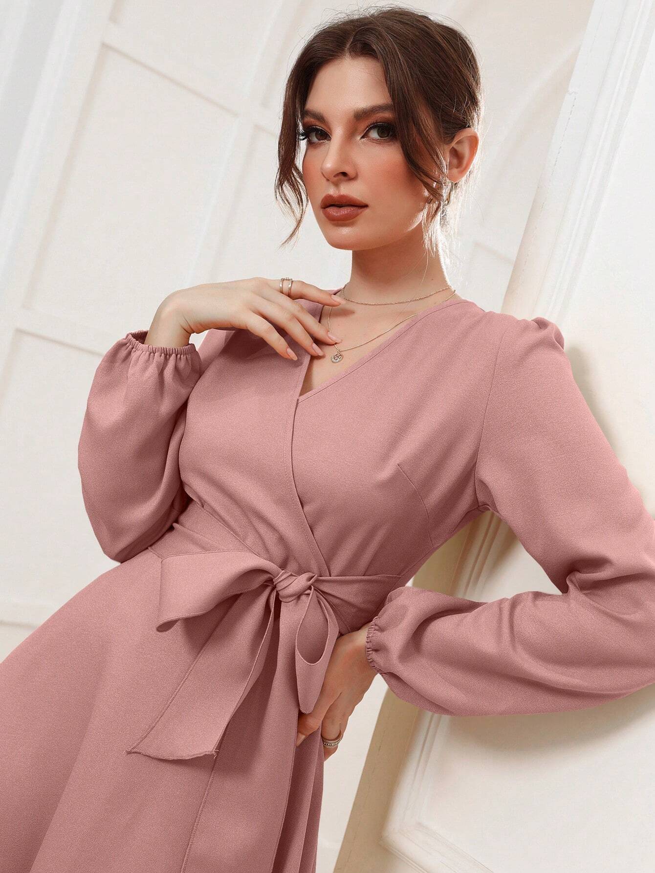 Buy SHEIN Modely Solid Belted Wrap Detail A-line Dress in Pakistan