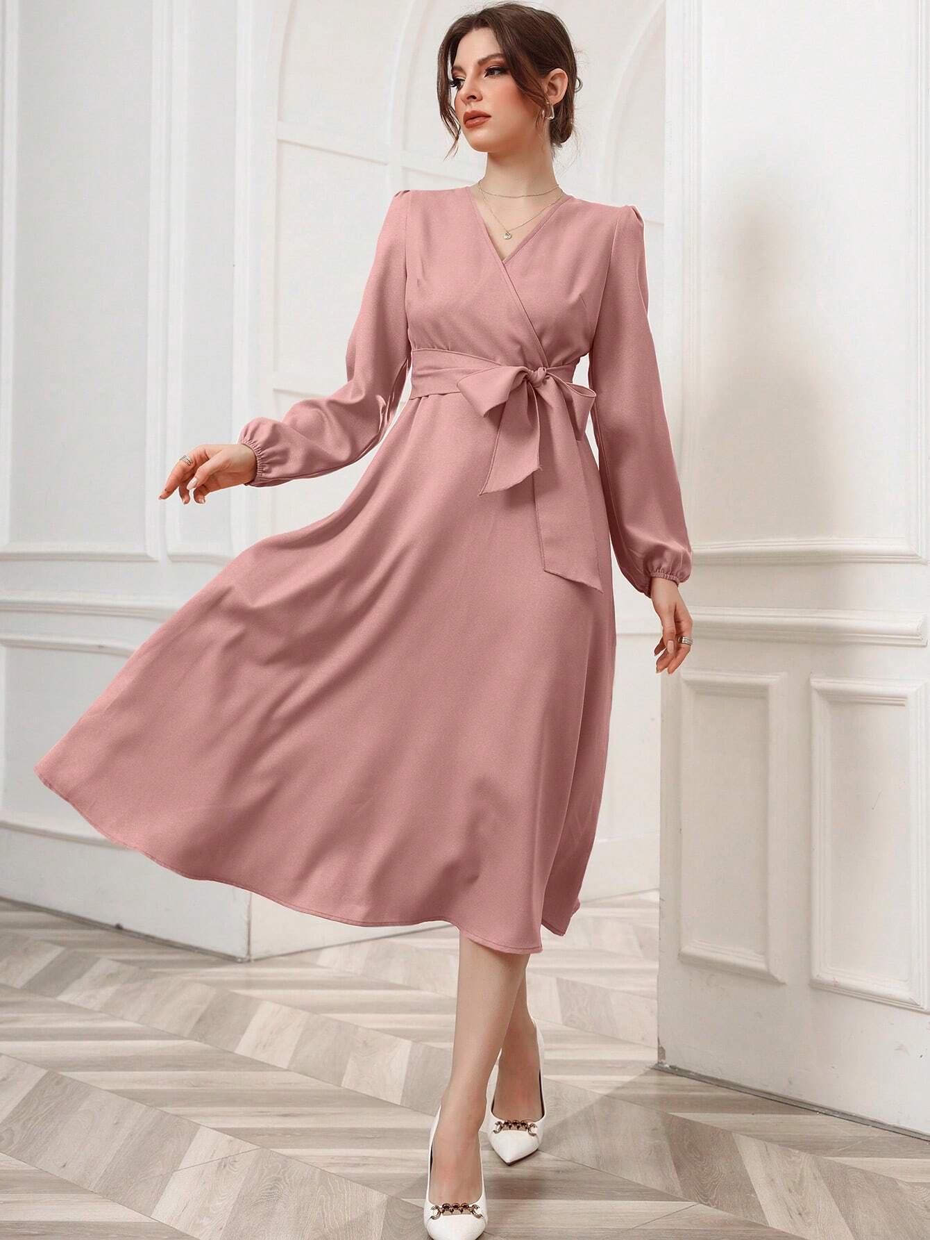 Buy SHEIN Modely Solid Belted Wrap Detail A-line Dress in Pakistan