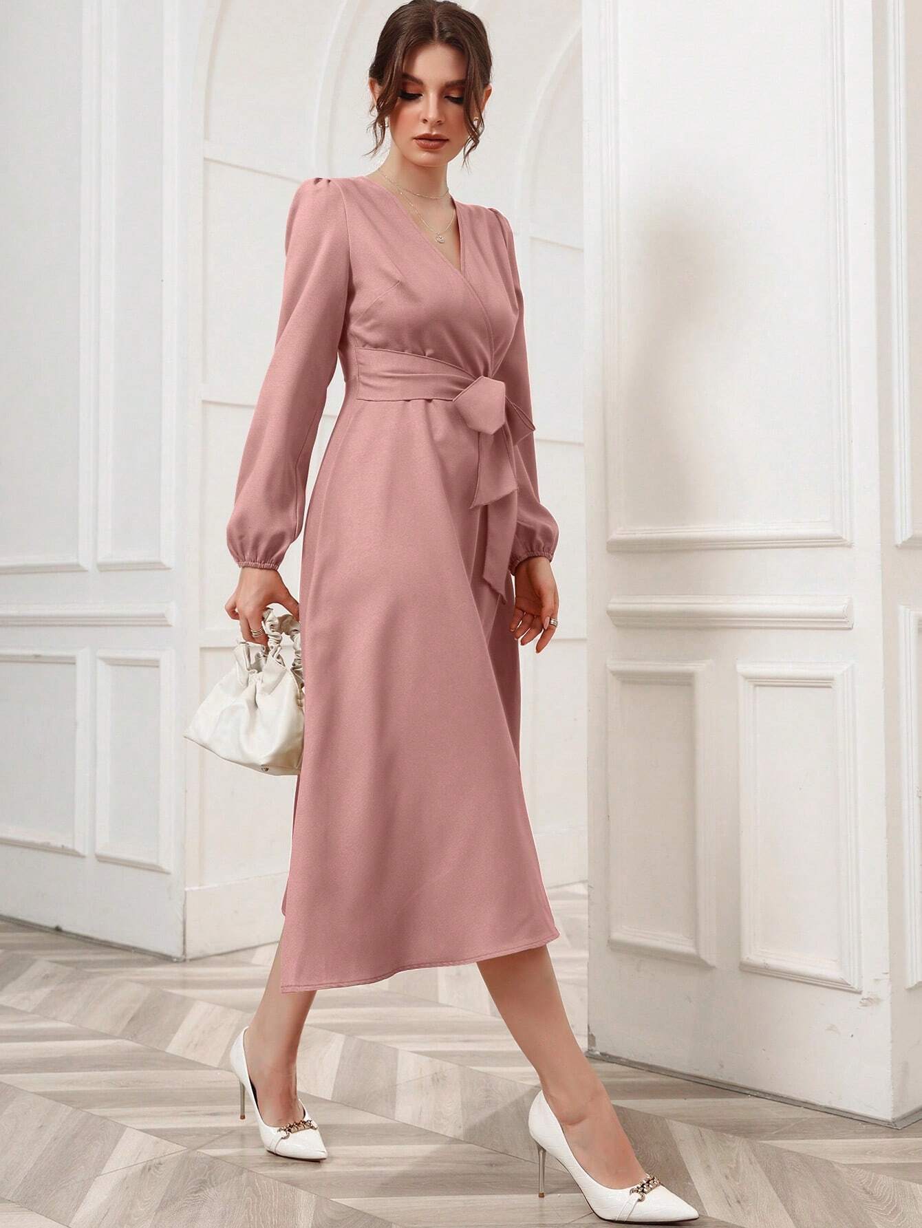 Buy SHEIN Modely Solid Belted Wrap Detail A-line Dress in Pakistan