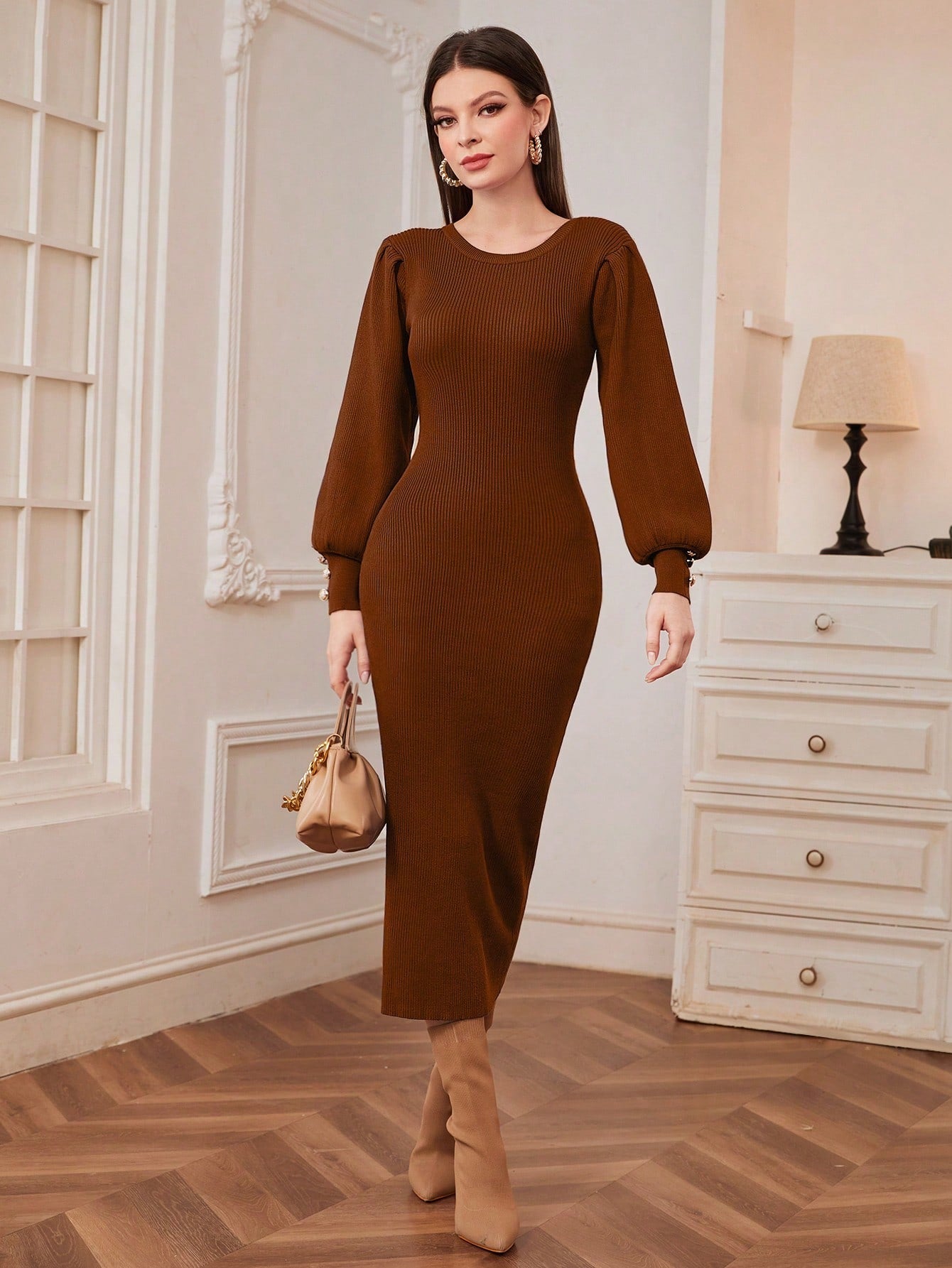 Buy SHEIN Modely Solid Button Detail Lantern Sleeve Bodycon Sweater Dress in Pakistan