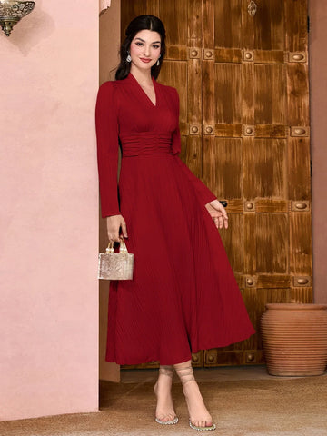 Buy SHEIN Modely Solid Surplice Neck Ruched Dress in Pakistan