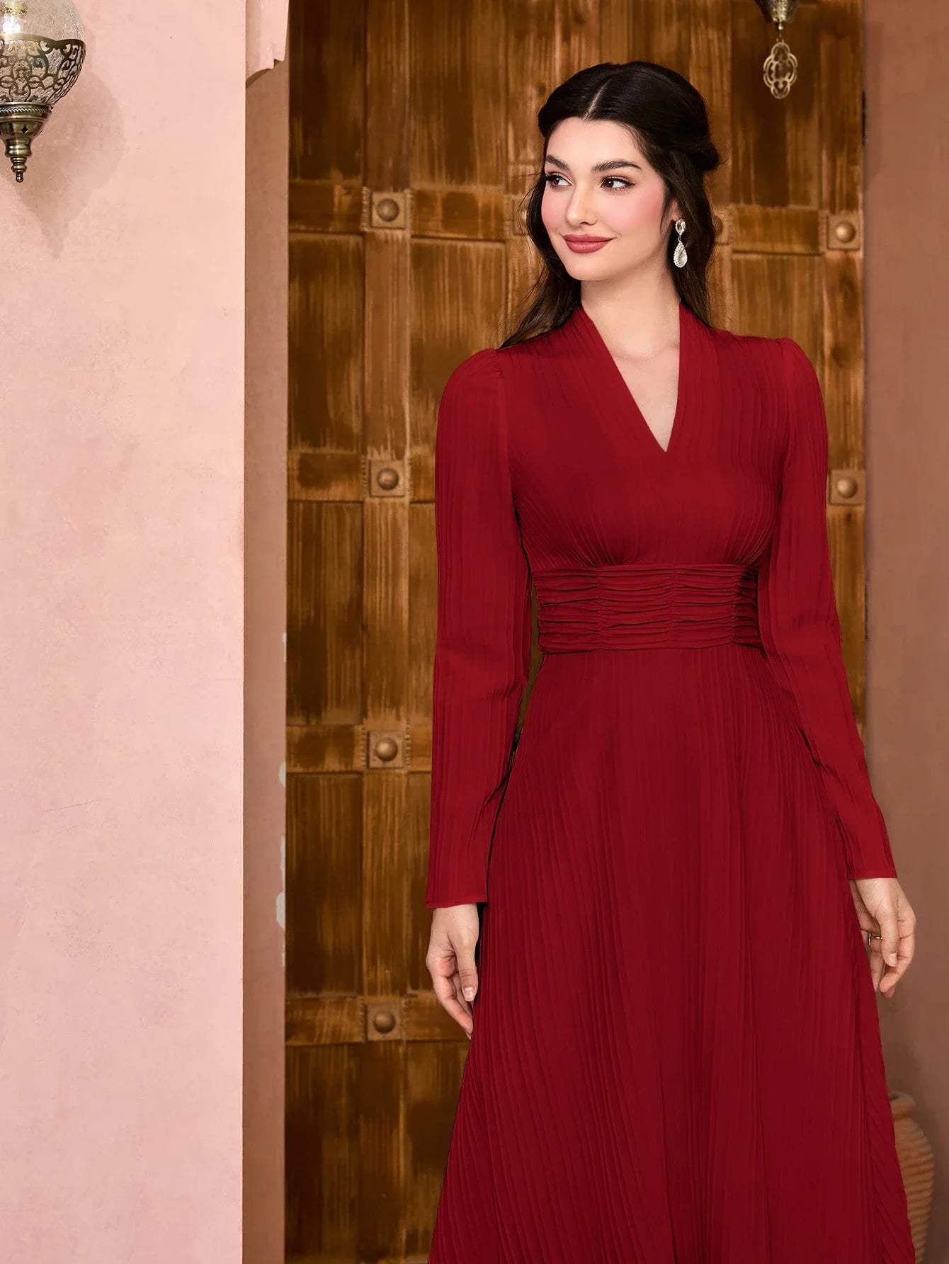 Buy SHEIN Modely Solid Surplice Neck Ruched Dress in Pakistan