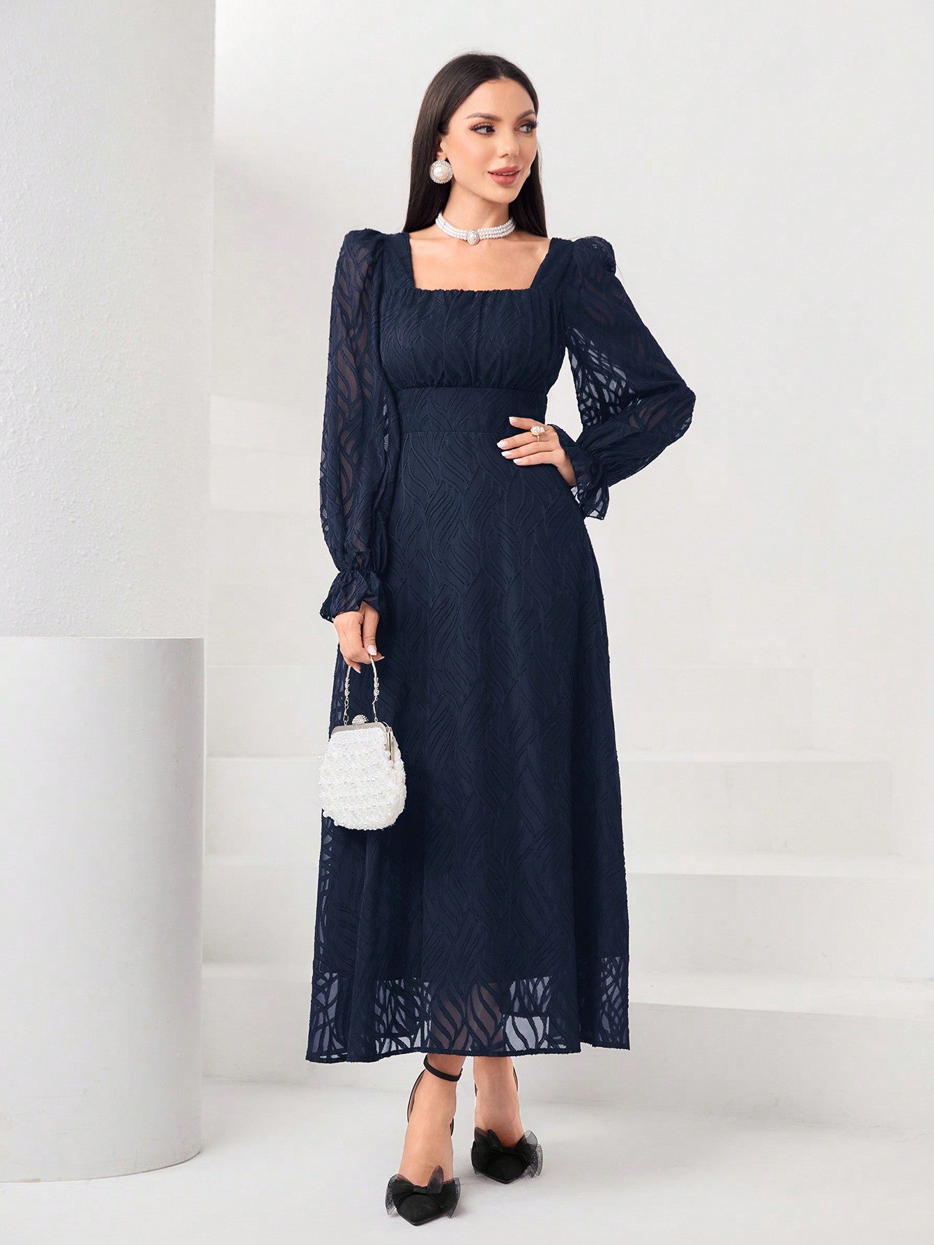 Buy SHEIN Modely Square Neck Flounce Sleeve A-line Dress in Pakistan
