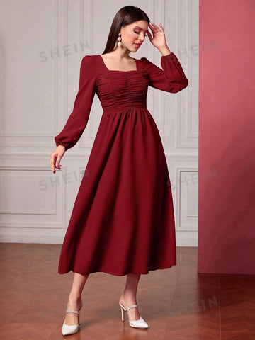 Buy SHEIN Modely Square Neck Ruched Front Lantern Sleeve Dress in Pakistan