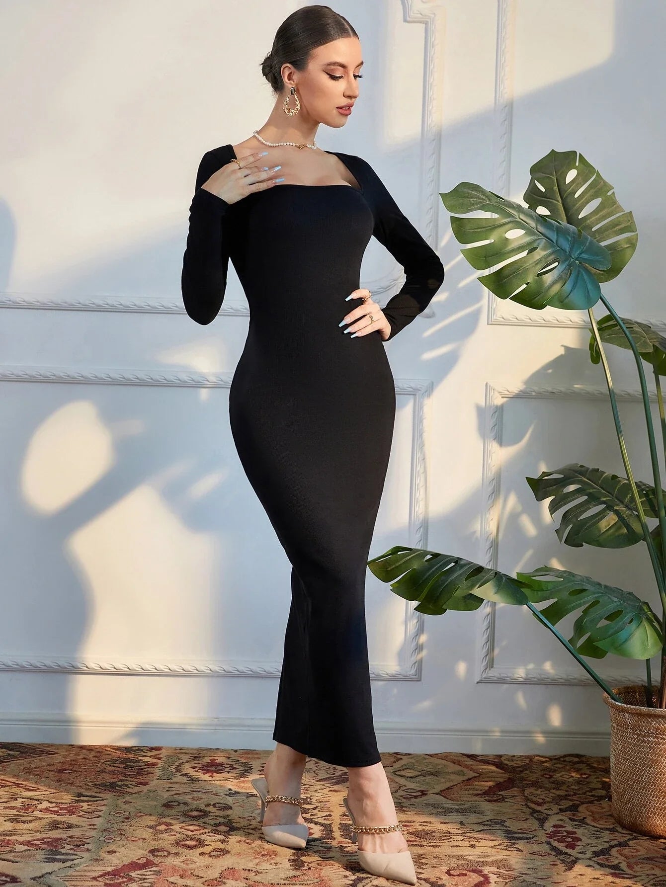 Buy SHEIN Modely Square Neck Split Back Bodycon Dress in Pakistan