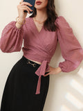 Buy SHEIN Modely Swiss Dot Surplice Front Tie Side Blouse in Pakistan