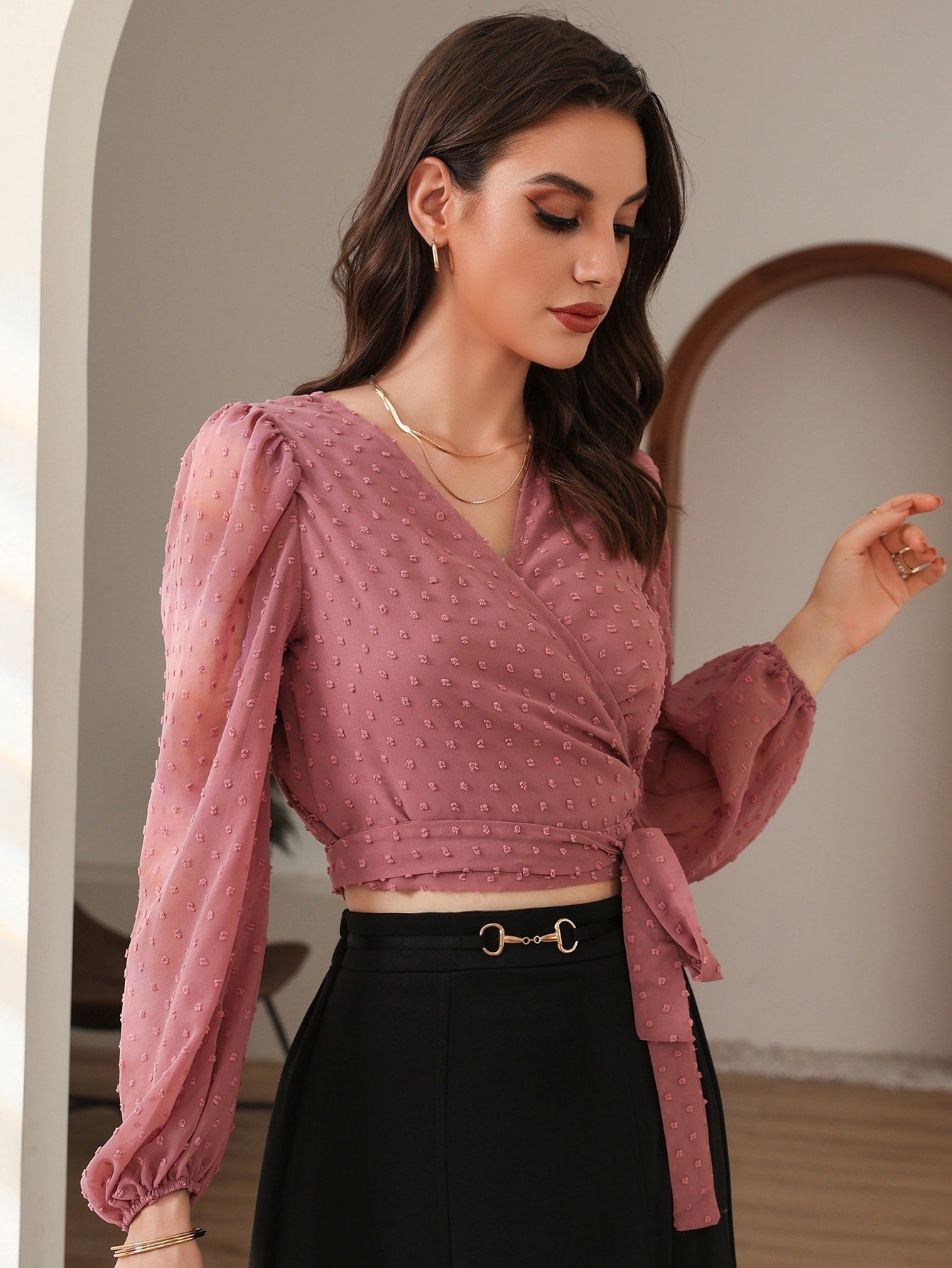 Buy SHEIN Modely Swiss Dot Surplice Front Tie Side Blouse in Pakistan