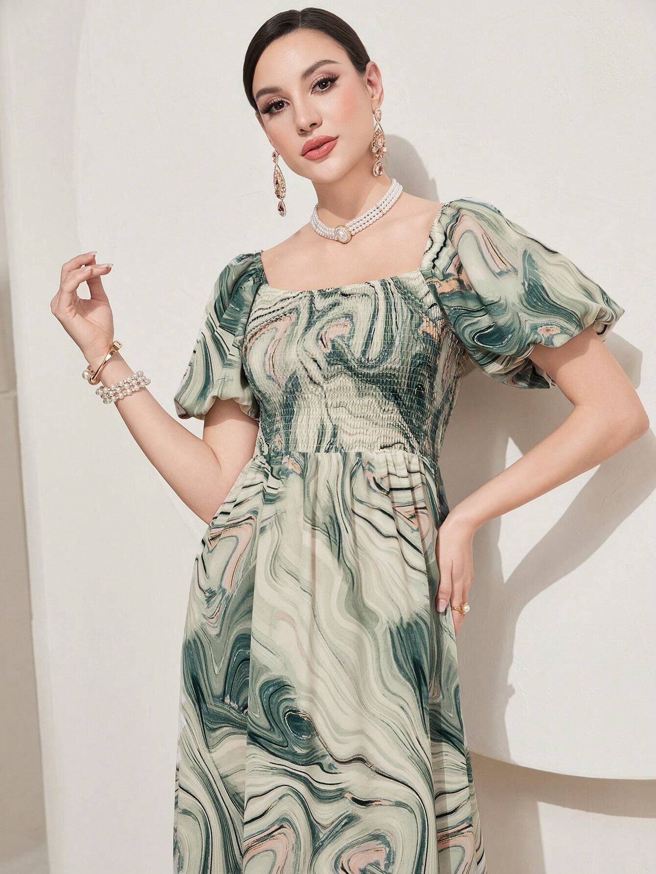 Buy SHEIN Modely Women'S Square Neck Puff Short Sleeve Dress in Pakistan