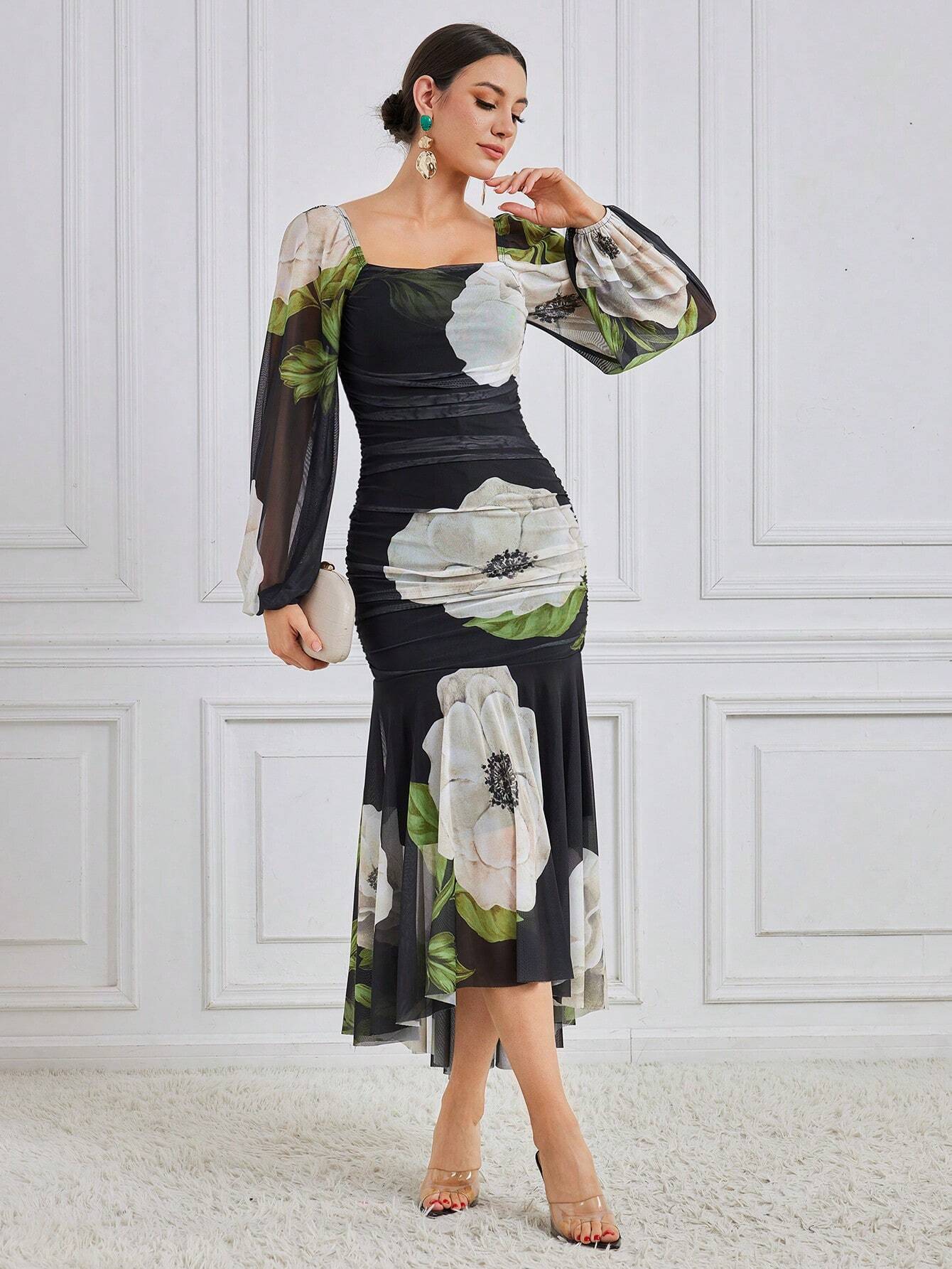 Buy SHEIN Modely Women'S Square Neckline Flower Printed Dress in Pakistan