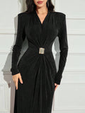 Buy SHEIN Modely Women Elegant Metal Accent Waist Fitted Long Sleeve Dress in Pakistan