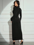 Buy SHEIN Modely Women Elegant Metal Accent Waist Fitted Long Sleeve Dress in Pakistan