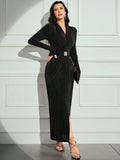 Buy SHEIN Modely Women Elegant Metal Accent Waist Fitted Long Sleeve Dress in Pakistan