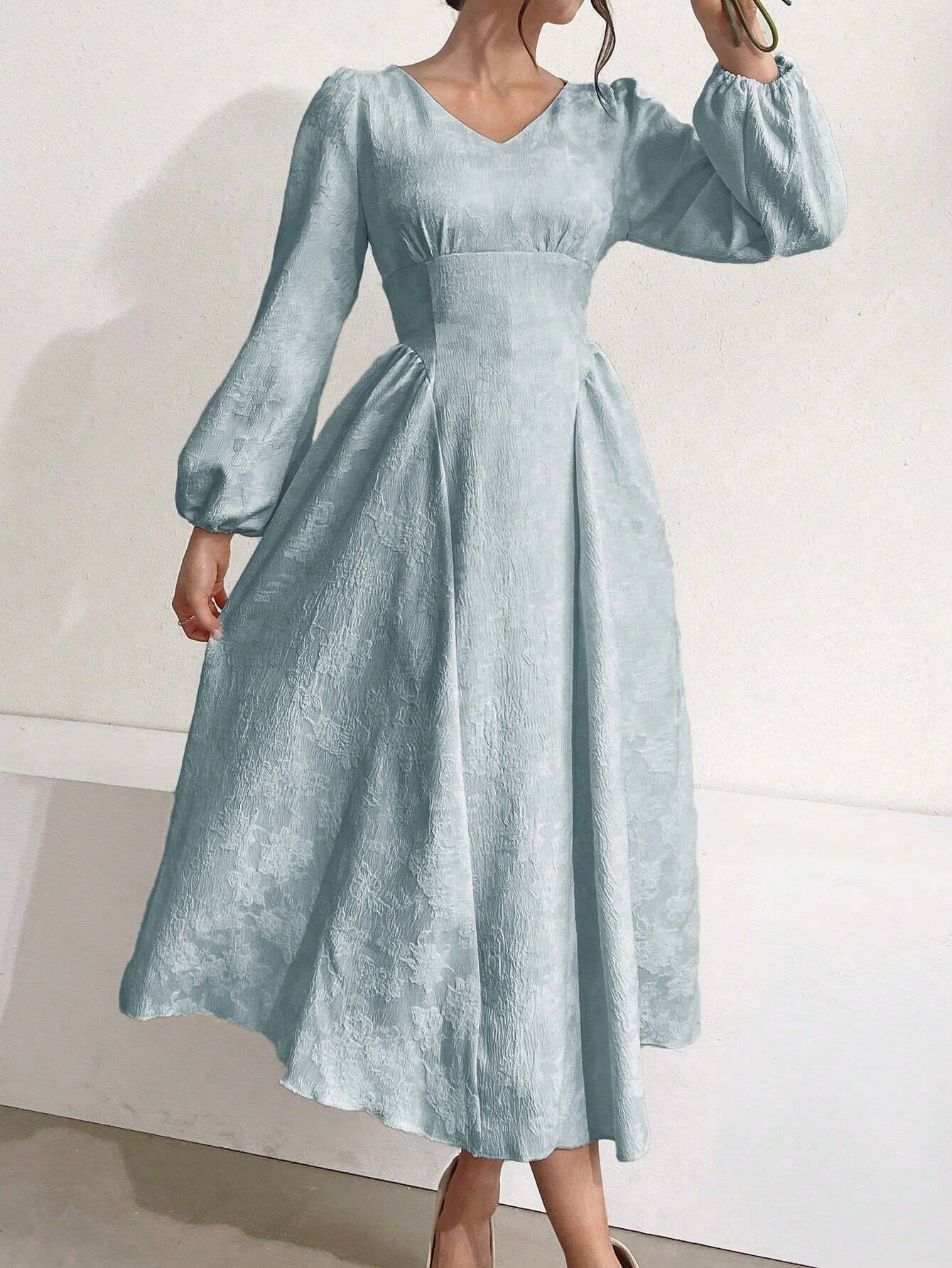 Buy SHEIN Modely Women Solid Color V-Neck Lantern Sleeve Jacquard Dress in Pakistan