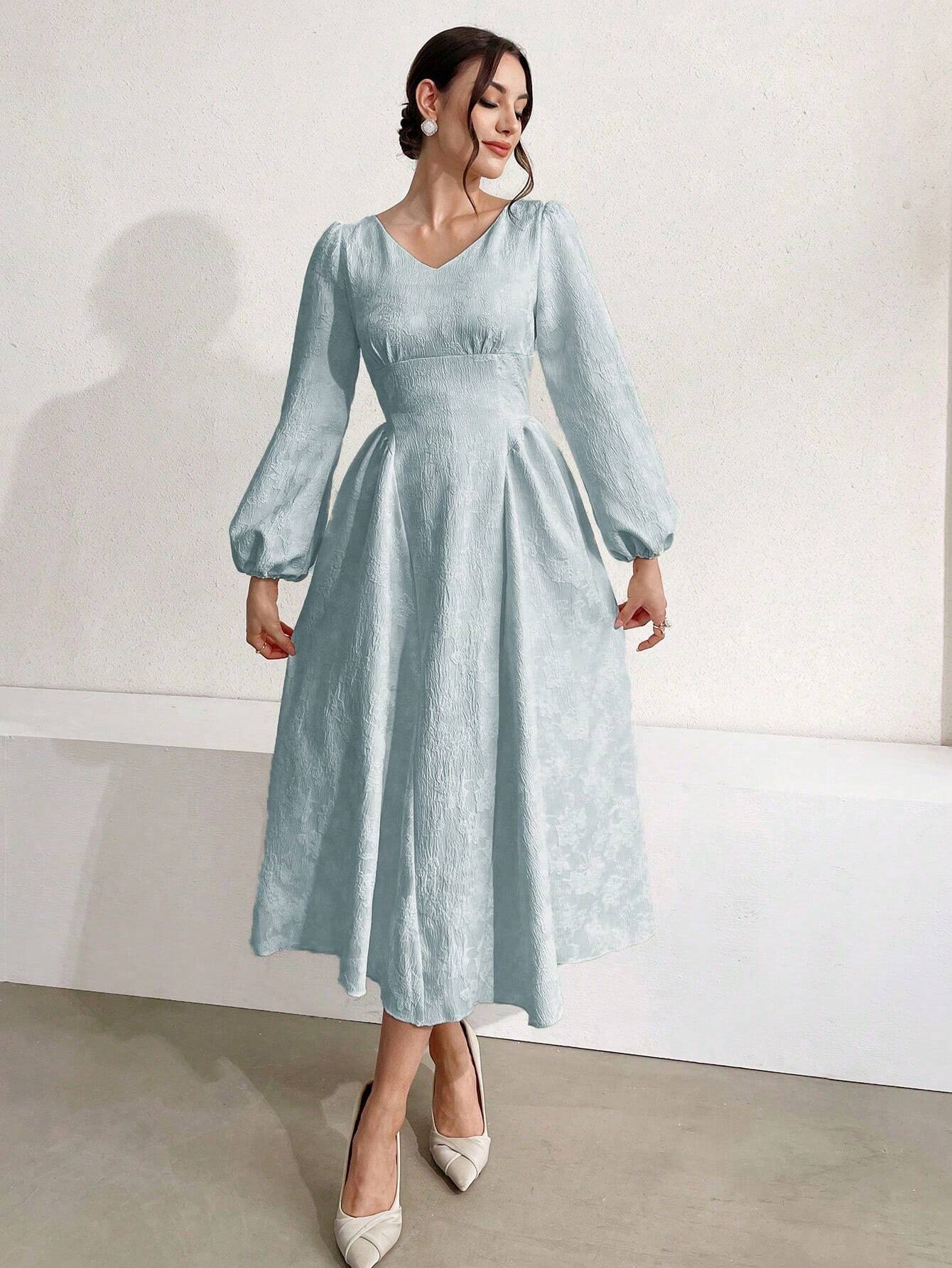 Buy SHEIN Modely Women Solid Color V-Neck Lantern Sleeve Jacquard Dress in Pakistan