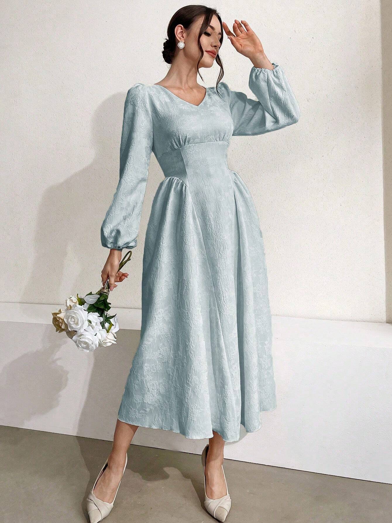 Buy SHEIN Modely Women Solid Color V-Neck Lantern Sleeve Jacquard Dress in Pakistan