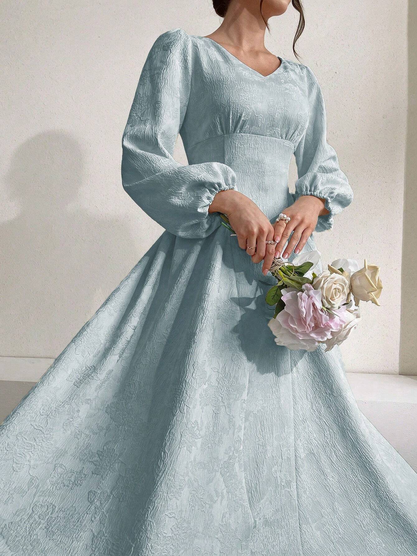 Buy SHEIN Modely Women Solid Color V-Neck Lantern Sleeve Jacquard Dress in Pakistan