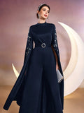 Buy SHEIN Modely Women Stand Collar Plant Embroidery Rhinestone Decor Ultra-Long Sleeve Wide-Leg Elegant Jumpsuit in Pakistan