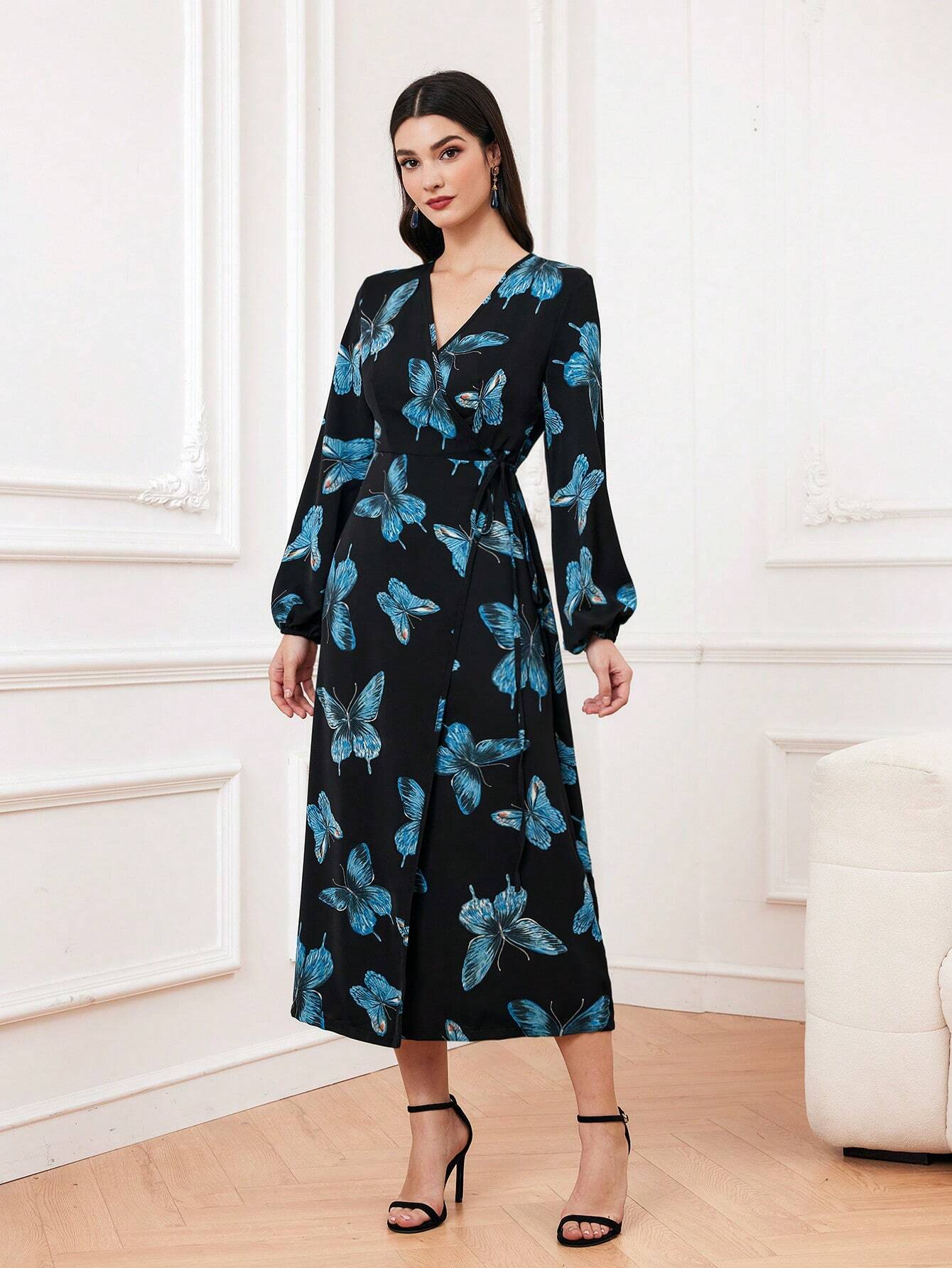 Buy SHEIN Modely Women's Butterfly Print Lantern Sleeve Wrap Tie Dress in Pakistan