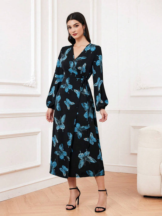Buy SHEIN Modely Women's Butterfly Print Lantern Sleeve Wrap Tie Dress in Pakistan