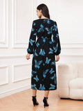 Buy SHEIN Modely Women's Butterfly Print Lantern Sleeve Wrap Tie Dress in Pakistan