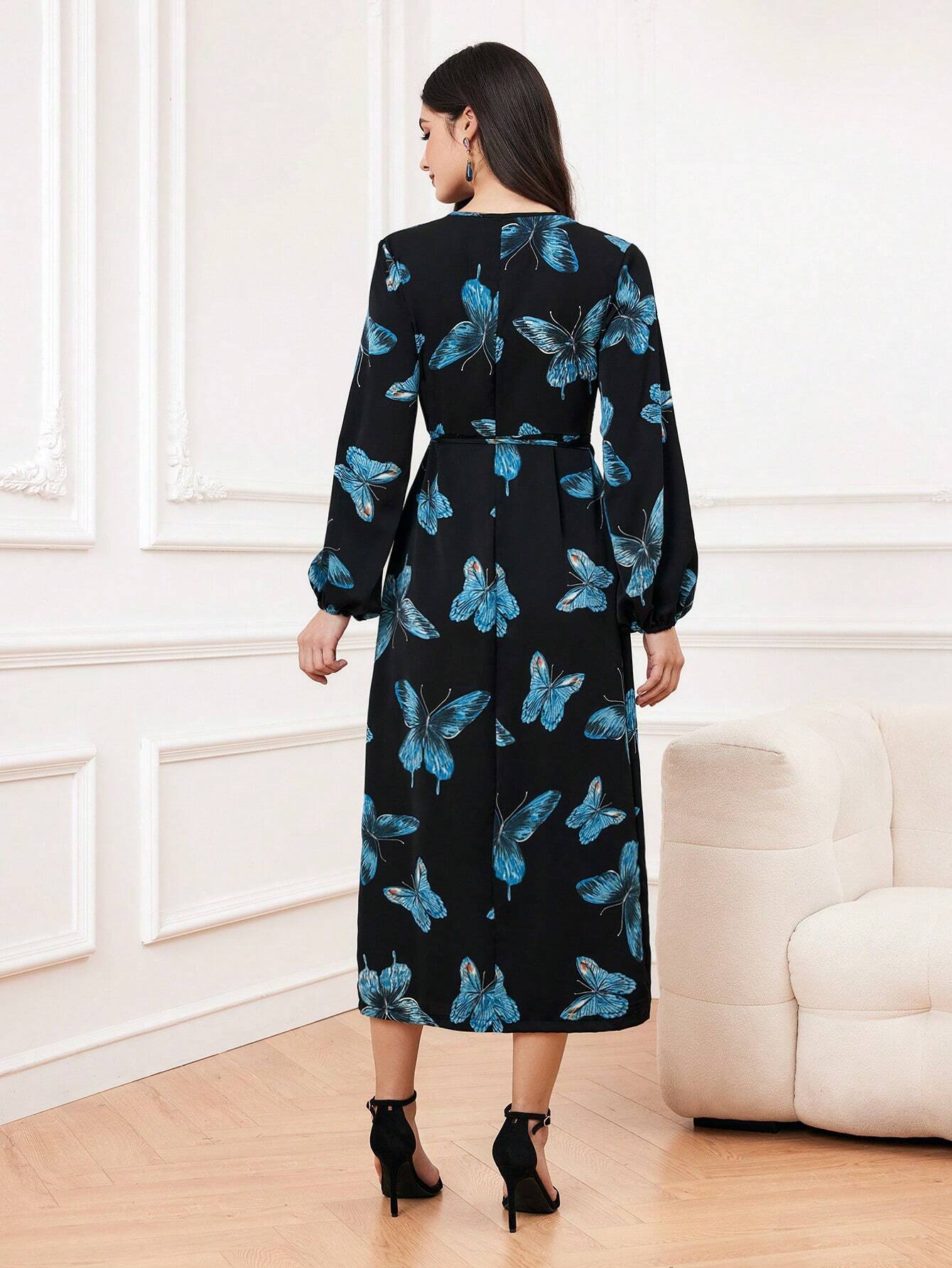 Buy SHEIN Modely Women's Butterfly Print Lantern Sleeve Wrap Tie Dress in Pakistan