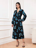 Buy SHEIN Modely Women's Butterfly Print Lantern Sleeve Wrap Tie Dress in Pakistan