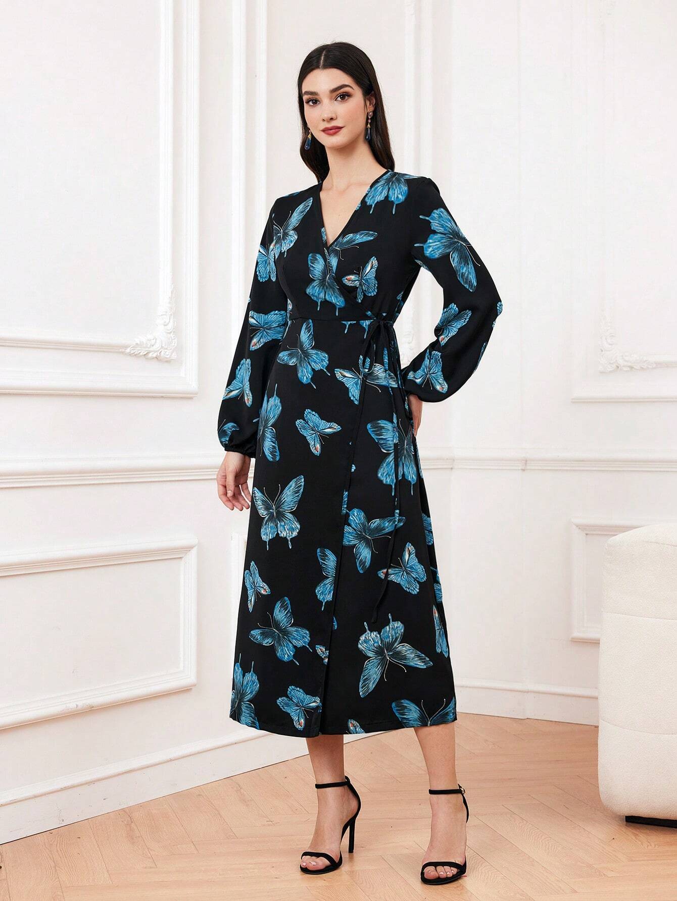 Buy SHEIN Modely Women's Butterfly Print Lantern Sleeve Wrap Tie Dress in Pakistan