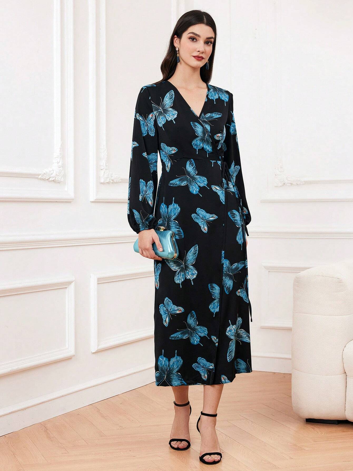 Buy SHEIN Modely Women's Butterfly Print Lantern Sleeve Wrap Tie Dress in Pakistan