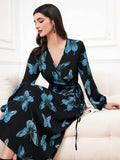 Buy SHEIN Modely Women's Butterfly Print Lantern Sleeve Wrap Tie Dress in Pakistan