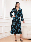 Buy SHEIN Modely Women's Butterfly Print Lantern Sleeve Wrap Tie Dress in Pakistan
